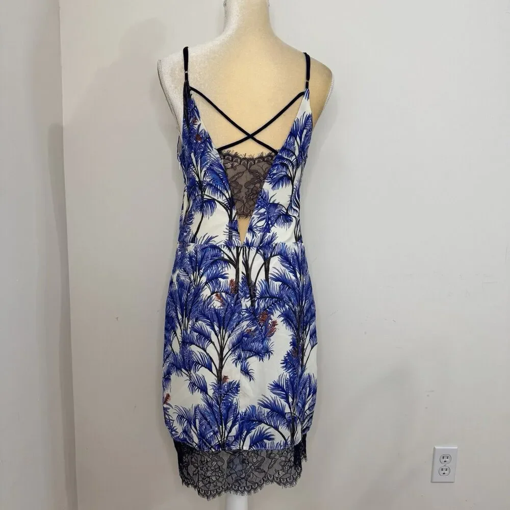 Adelyn Rae Nevina Palm Print Lace Slip Dress Size S Blue White V-Neck Sleeveless